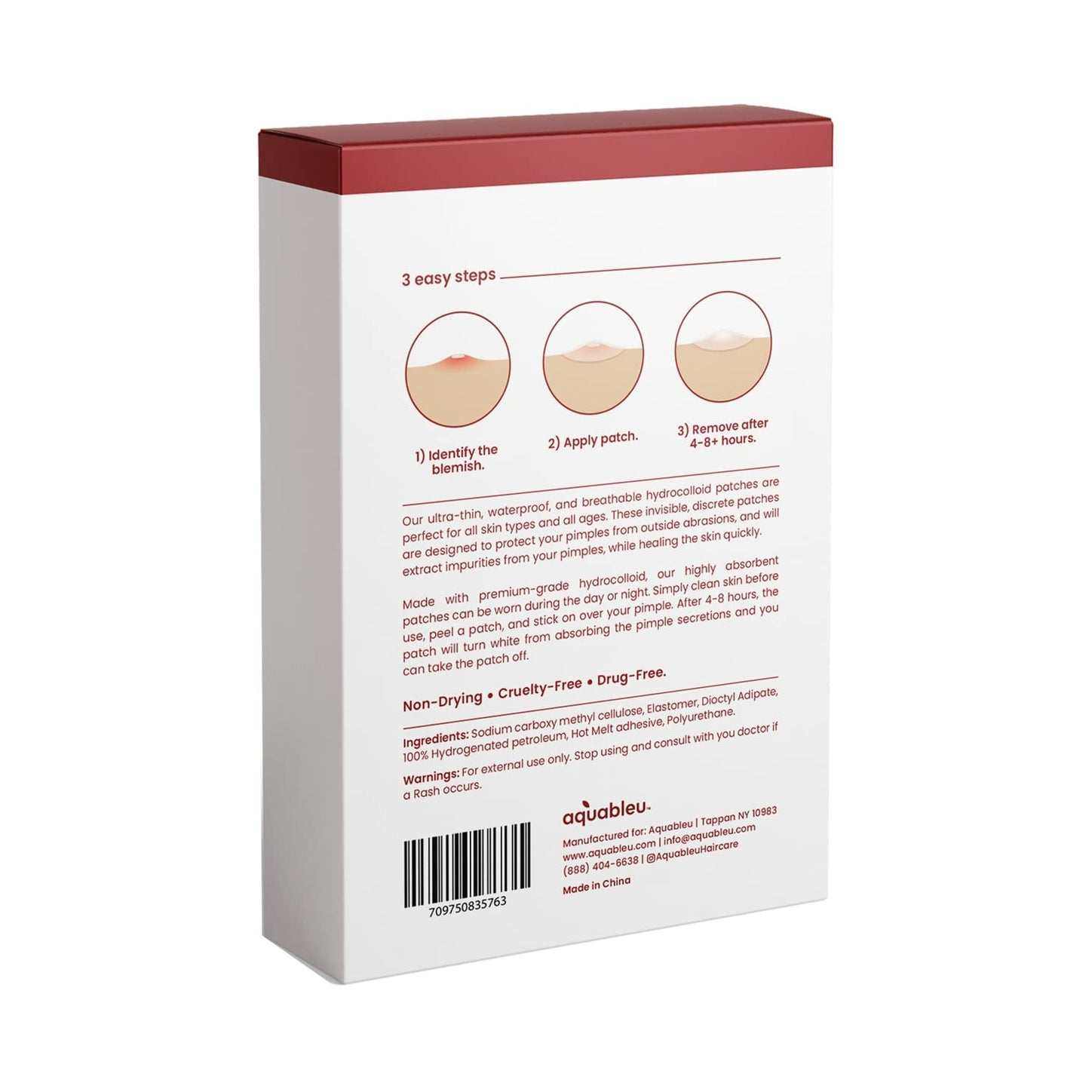Box of Aquableu Acne Pimple Patch with 40 hydrocolloid clear film patches for acne healing and protection