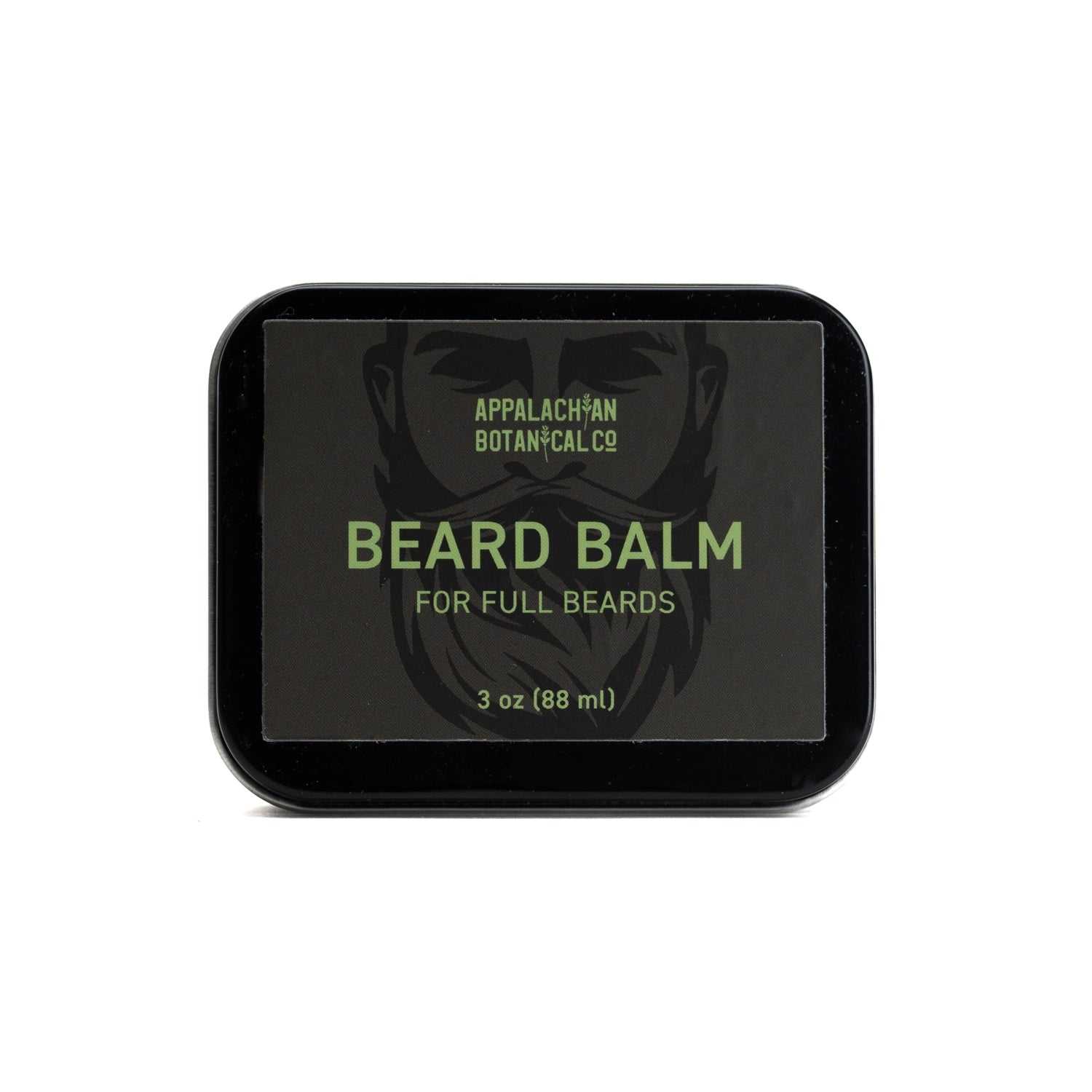 Beard balm for full beards with cedarwood and black amber musk scent in a 3 oz black tin