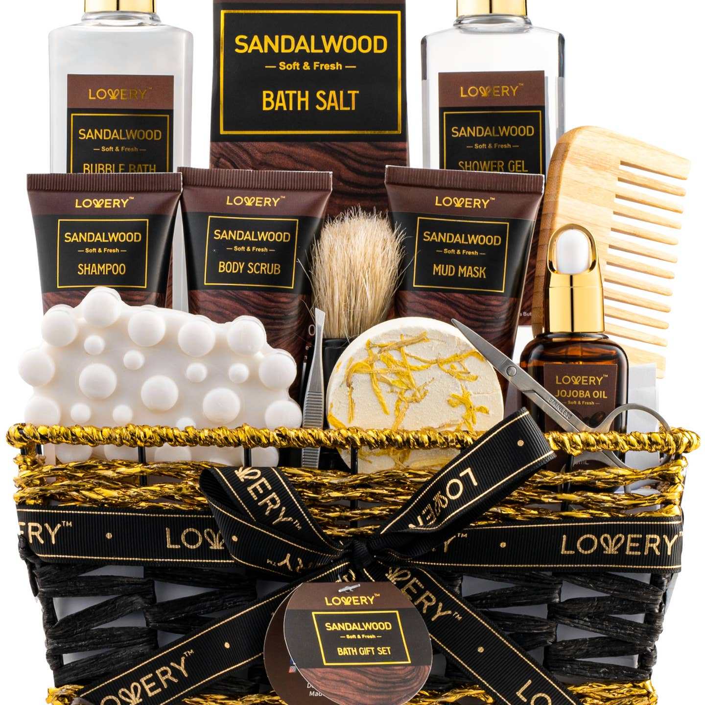 Mens gift set sandalwood bath and beard grooming kit with shampoo, body scrub, mud mask, jojoba oil, comb, and bath salt in a black basket