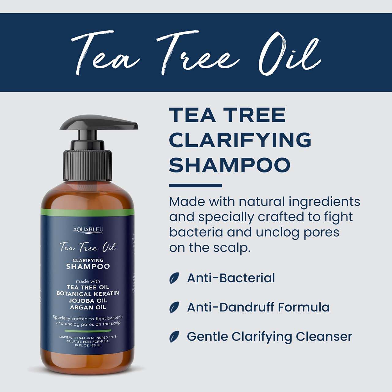 Tea Tree Shampoo bottle with clarifying and anti-dandruff benefits for all hair types