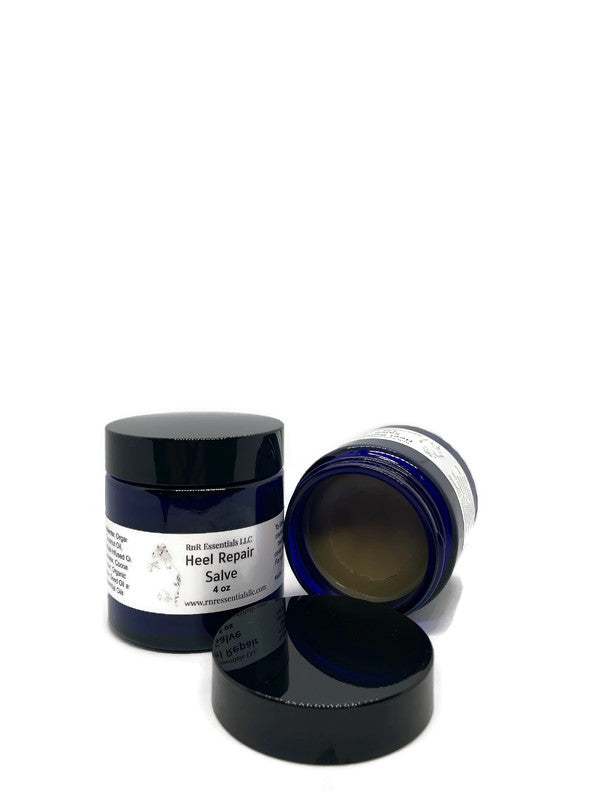 Heel Repair Salve in blue jars for cracked dry heels care