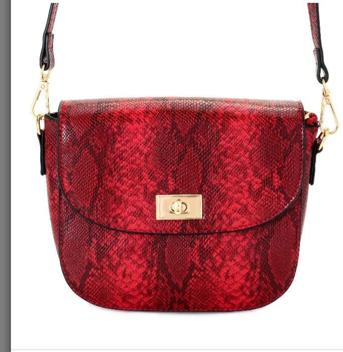 Mellow World Cassidi red faux snakeskin crossbody bag with gold-tone turn lock and adjustable strap