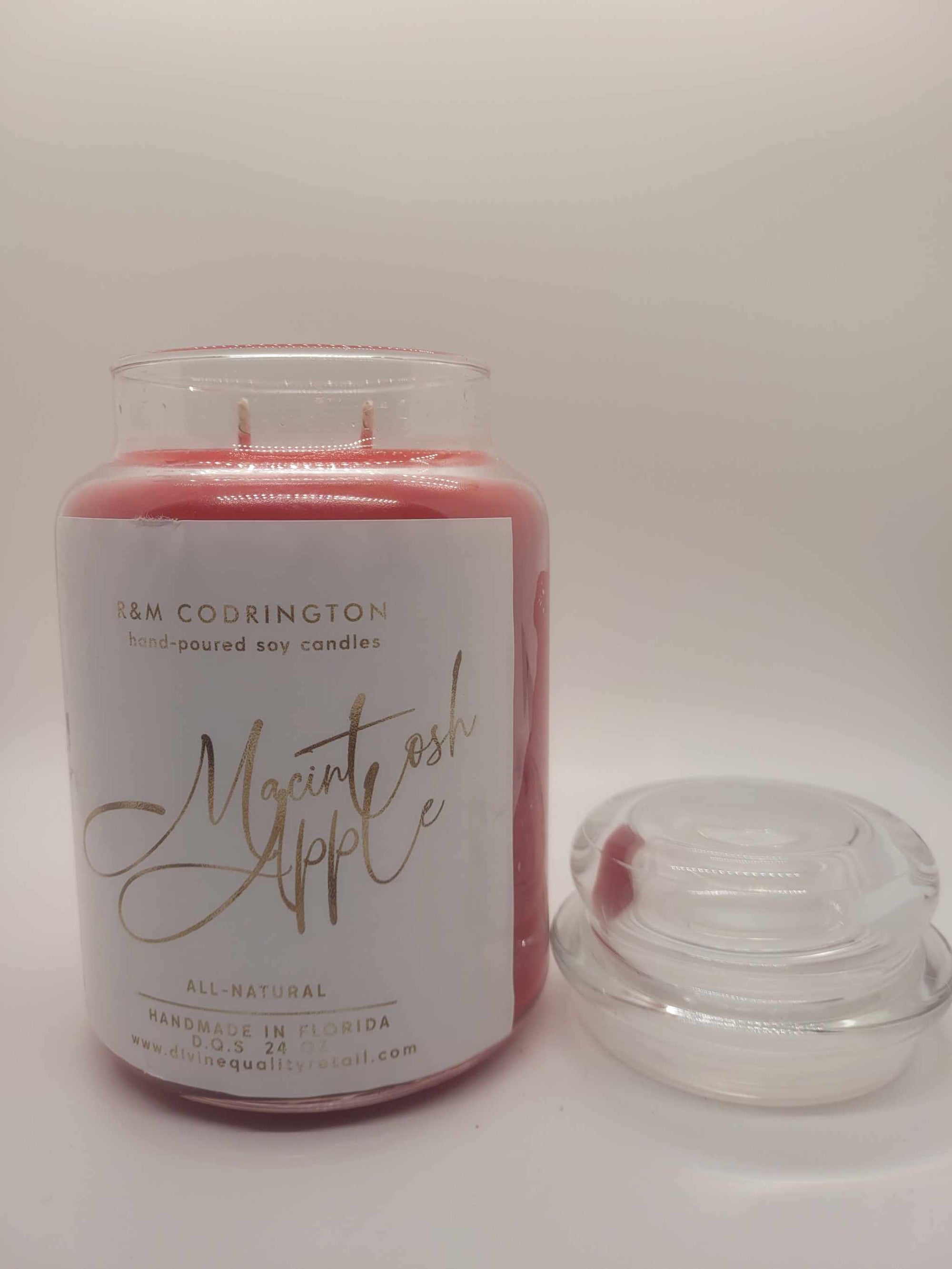 Macintosh Apple Candles large two-wick soy candle in clear glass jar with domed lid