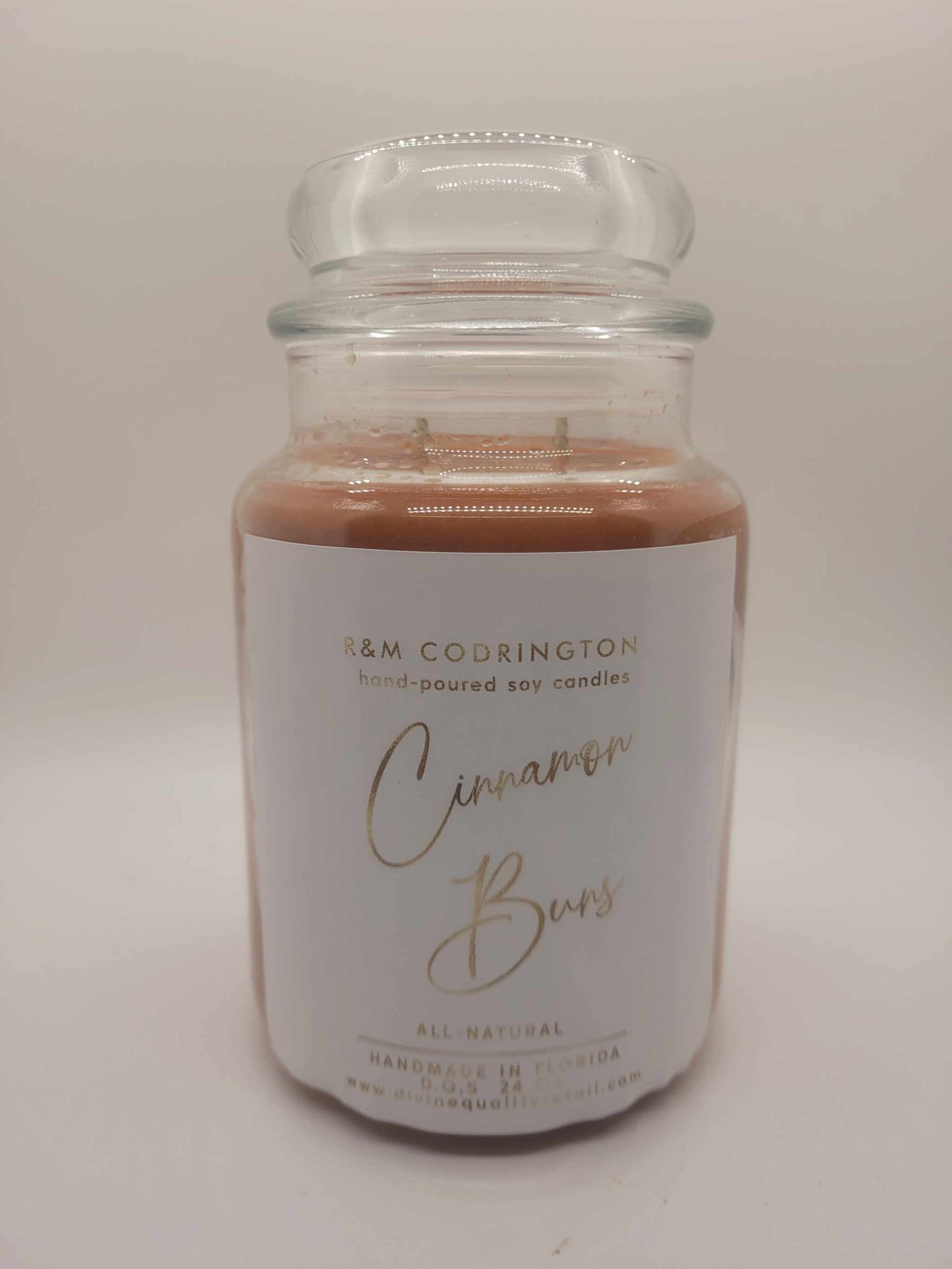 Cinnamon Buns Candles large soy candle in clear glass jar with domed lid and two wicks