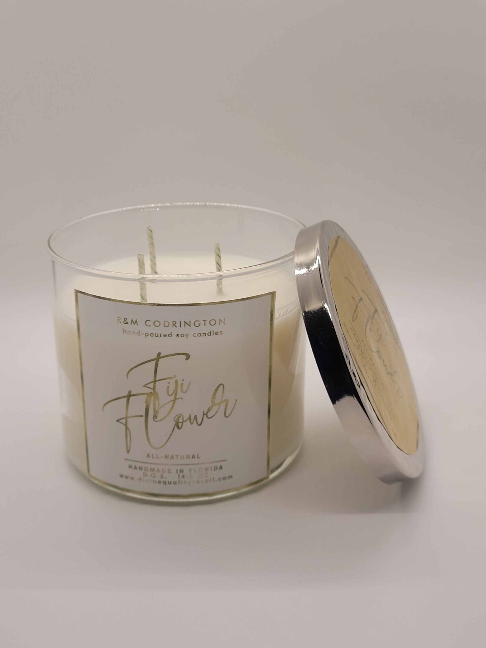 Fiji Flower Scented Candles with three wicks, 14.5oz, reusable glass jar, calming aroma, 45-hour burn time