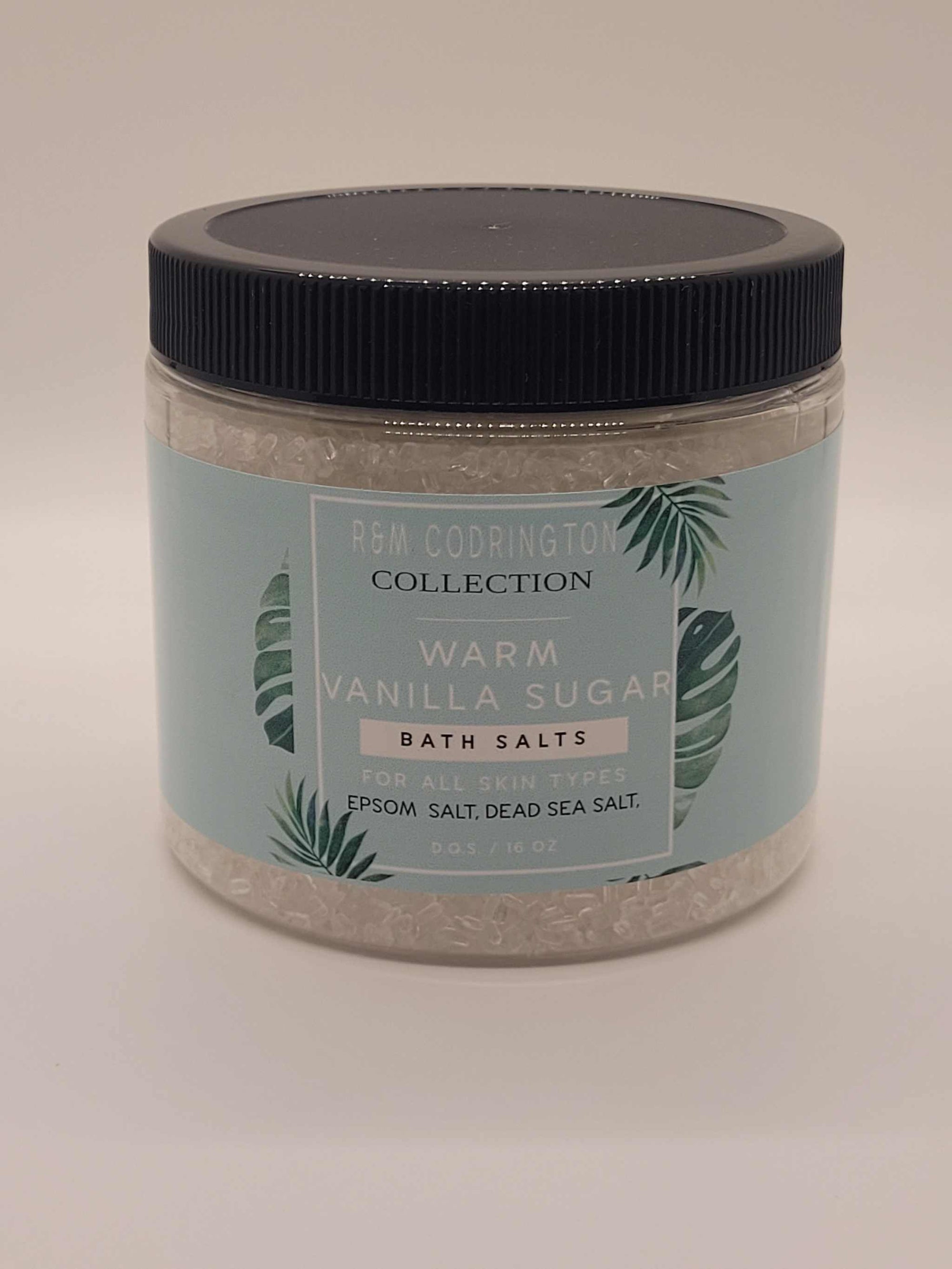 jar of warm vanilla bath salts with epsom and dead sea salt blend