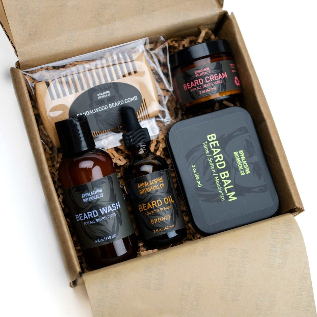 Complete Beard Care Bronze Kit with beard wash, beard oil, beard cream, beard balm, and sandalwood comb in a gift box