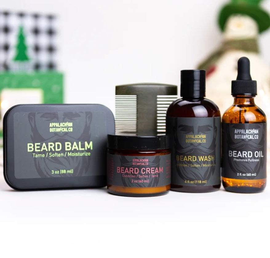 Complete Beard Care Bronze Kit with beard balm, cream, wash, oil, and sandalwood comb for beard grooming and conditioning