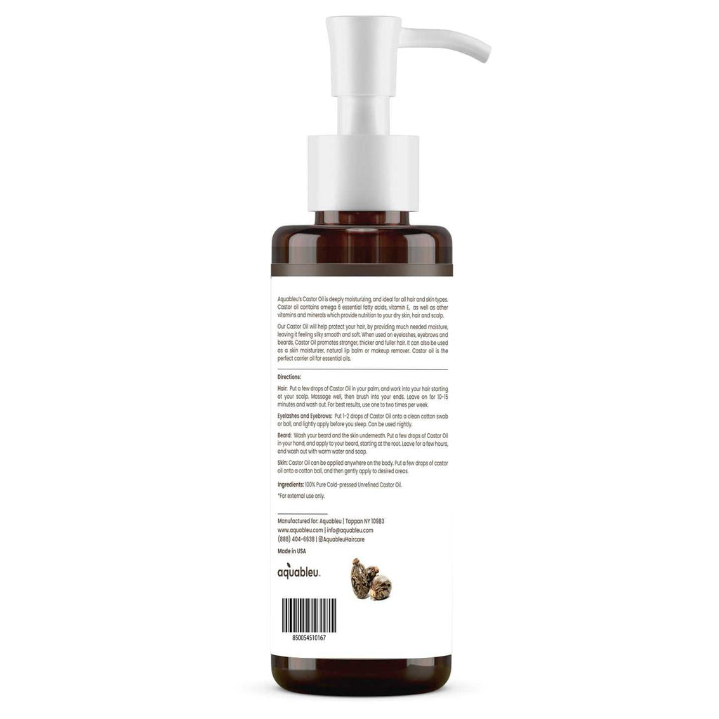 8oz bottle of Aquableu Fractionated Liquid Coconut Oil with pump for skin and hair hydration