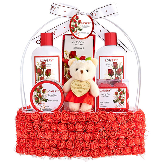 Valentines day Gift Set with Candles, Teddy Bear, Bath Bombs