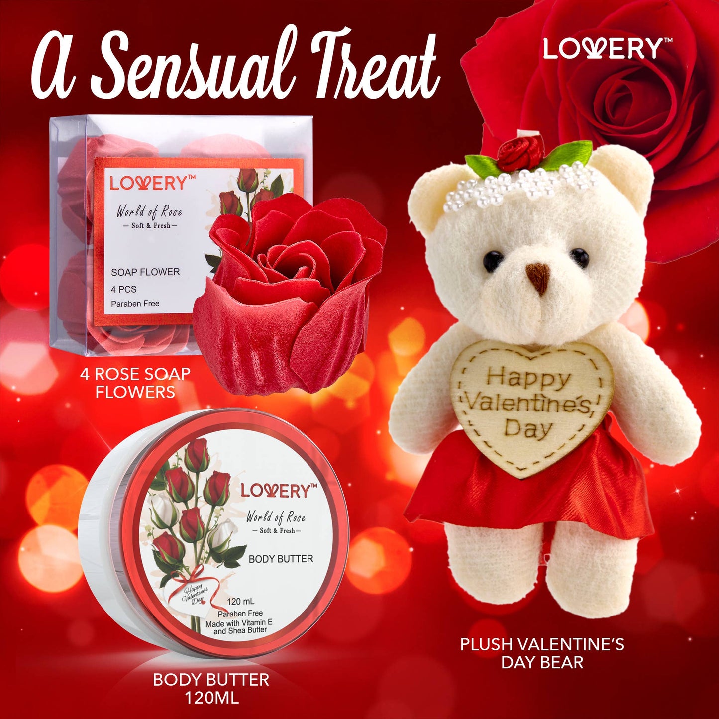 Valentines day Gift Set with Candles, Teddy Bear, Bath Bombs