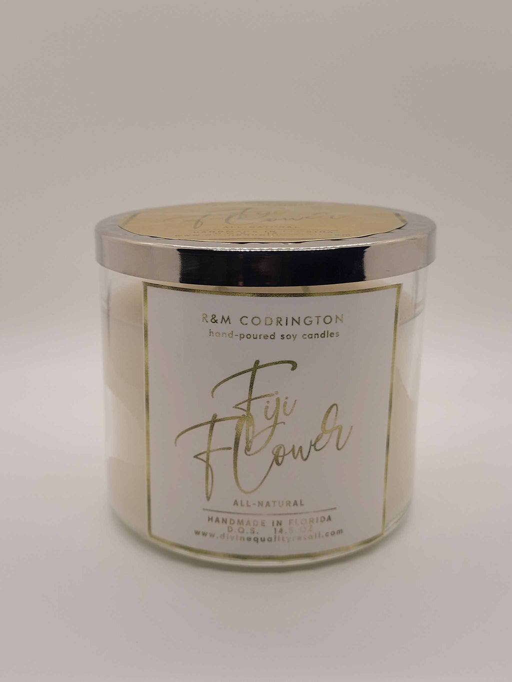Fiji Flower scented soy candles with three wicks, 14.5oz, reusable glass jar, calming aroma, 45-hour burn time