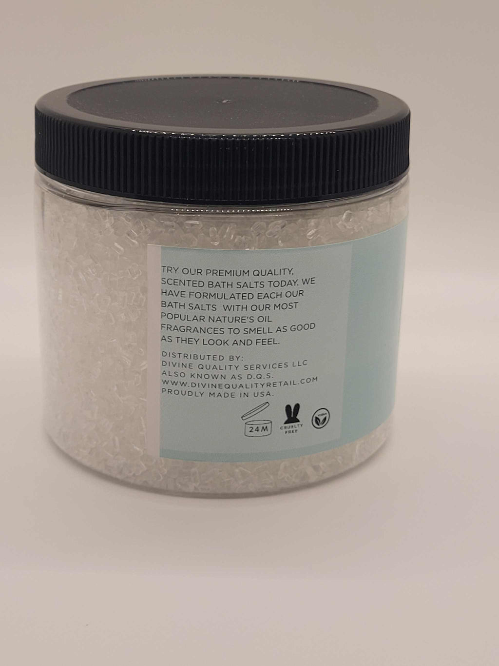 Cherry Blossom Bath Salts premium scented Epsom and Dead Sea salt blend in clear jar with black lid