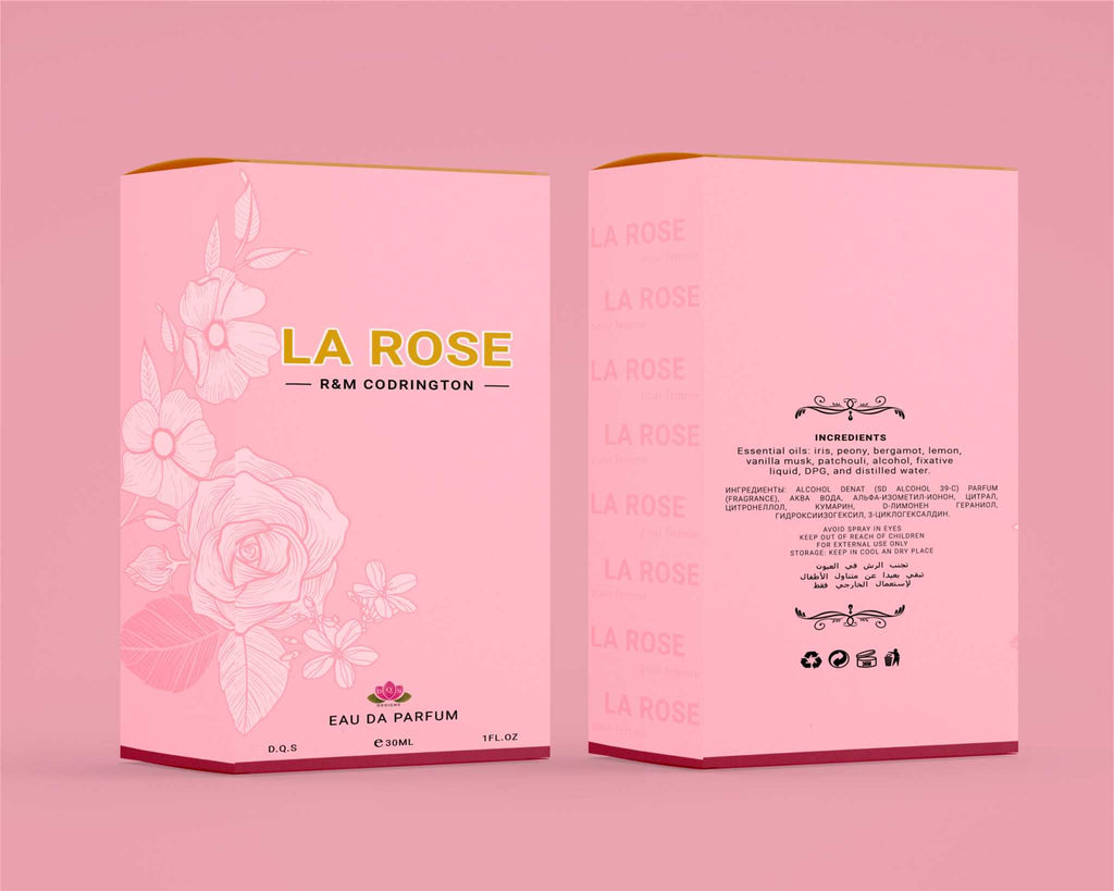 La Rose Perfume pink box with floral design and ingredient list by R&M Codrington